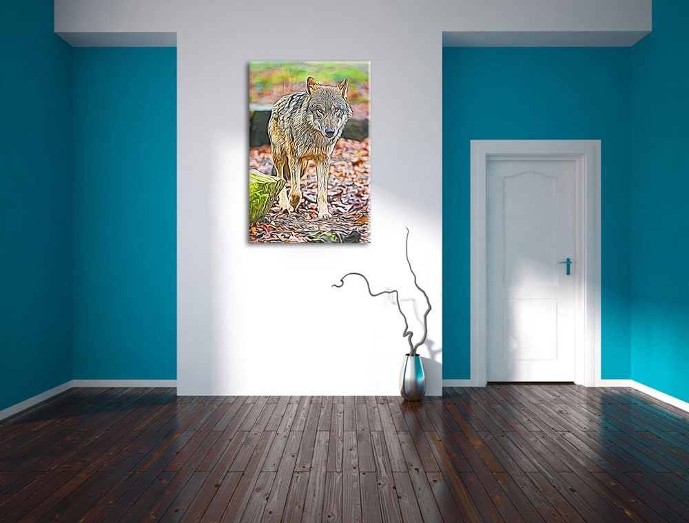 Wolf im Laubwald Deluxe Format: 100x70 cm auf Leinwand, XXL riesige Bilder fertig gerahmt mit Keilra