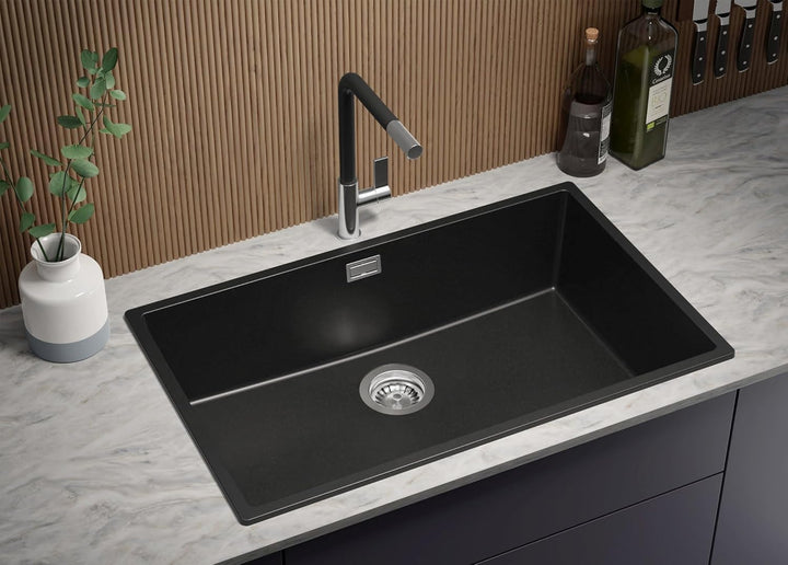 Spülbecken Schwarz 75.5 x 45 cm, Granitspüle + Siphon Klassisch + Küchenarmatur, Küchenspüle ab 80er