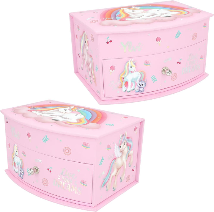 Depesche 13203 Ylvi - Kleines Schmuckkästchen in Pink, mit Einhorn Motiv und Muster, Schmuckbox mit