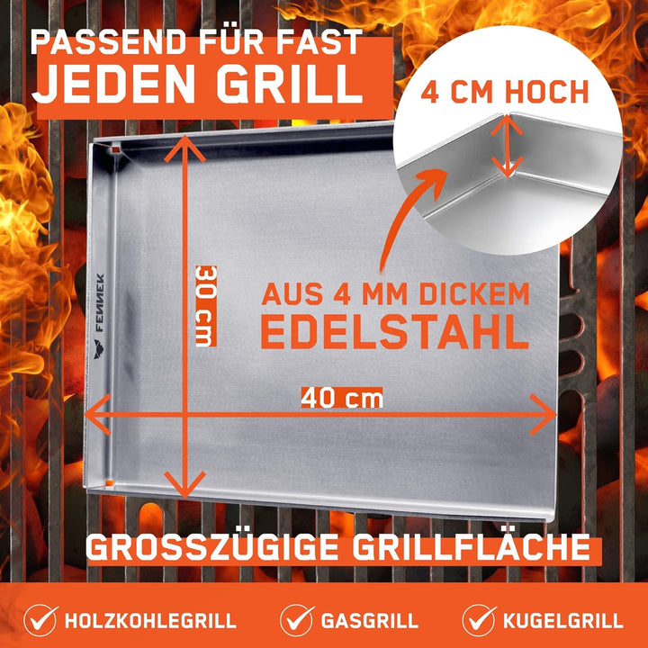 FENNEK Plancha 40 x 30 cm Teppanyaki Grillplatte ohne Vorderkante | 4,0 mm Edelstahl | Ideal für Bur