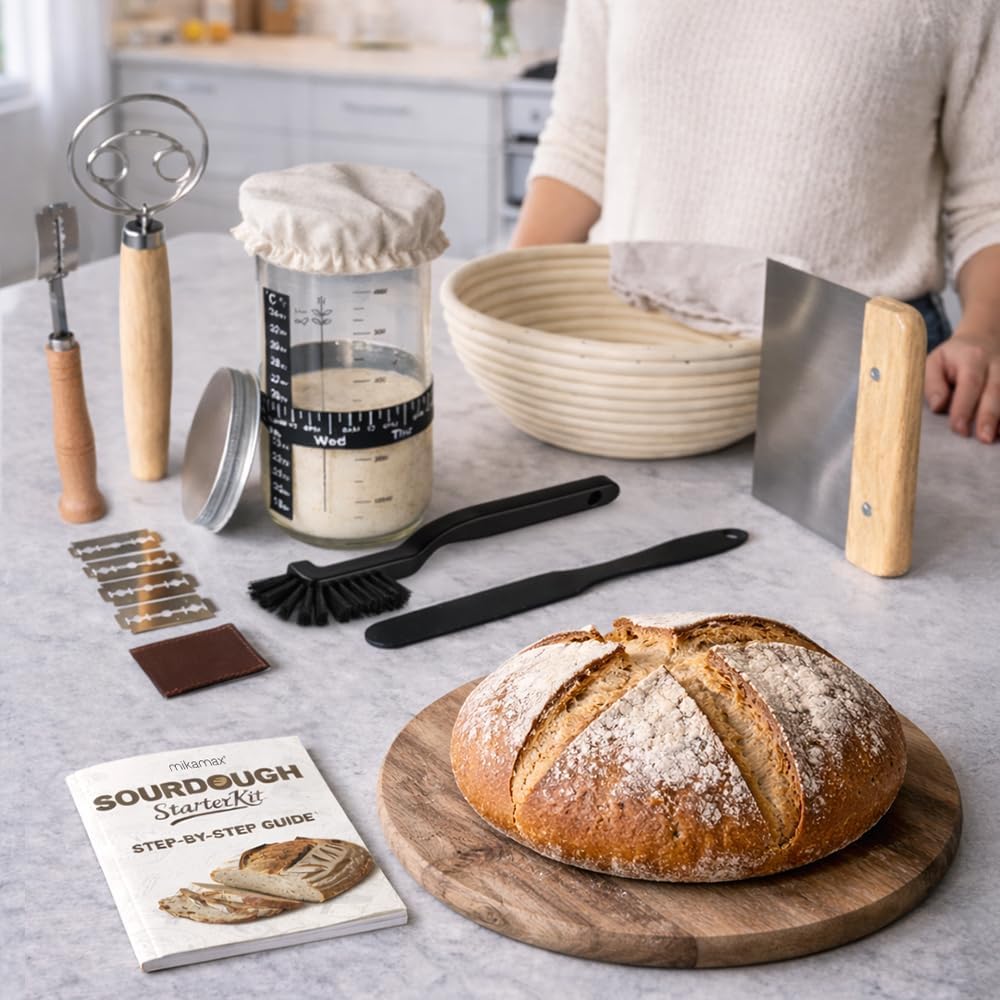 MikaMax Sauerteig Starter Set 10-teilig - Gärkorb Brot Set rund - Brotbackzubehör Komplettset - Brot