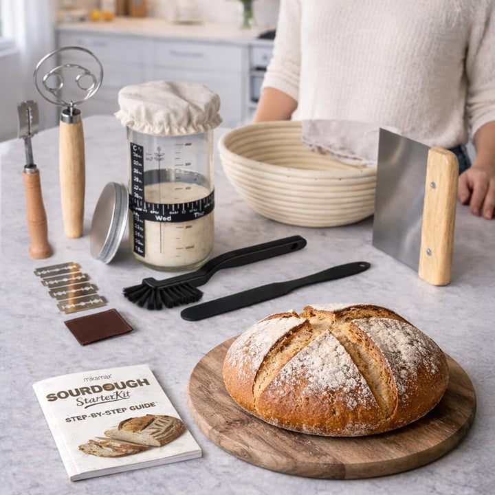 MikaMax Sauerteig Starter Set 10-teilig - Gärkorb Brot Set rund - Brotbackzubehör Komplettset - Brot