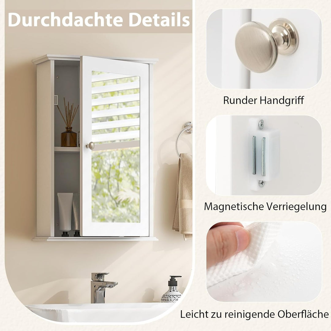 COSTWAY Bad Spiegelschrank, Hängeschrank mit Spiegeltür & Verstellbarer Ablage, Wandschrank Holz, Ba