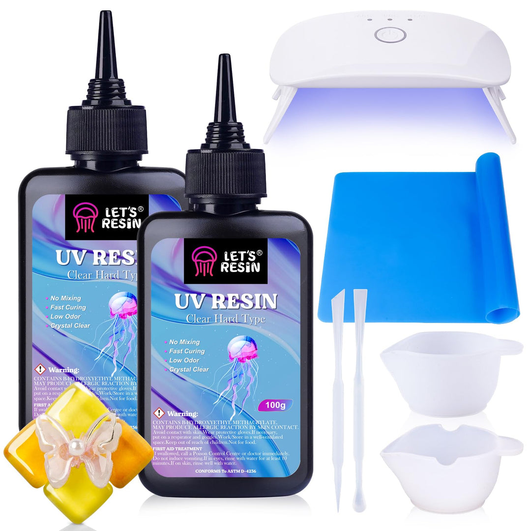 LET'S RESIN UV Resin Set Mit Lampe, Verbessertes 200g Kristallklares Kleber Set für Schmuck, Basteld