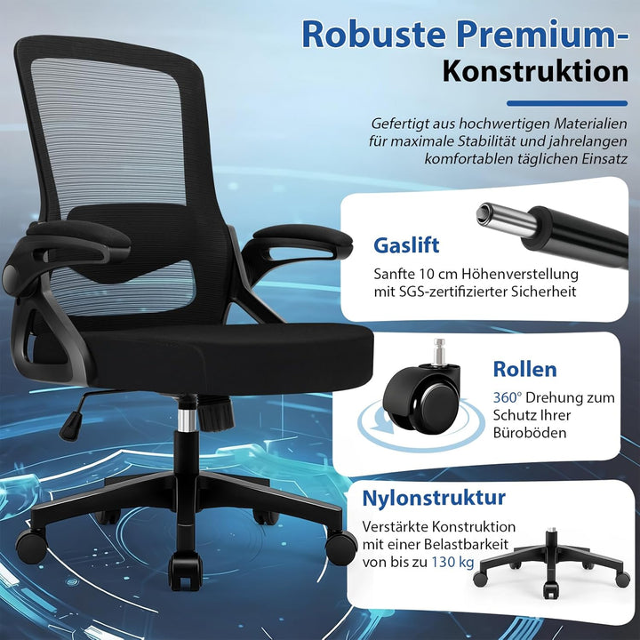 Bürostuhl Ergonomisch, Schreibtischstuhl mit Verstellbarer 4D Lendenwirbelstütze, Drehstuhl mit Klap