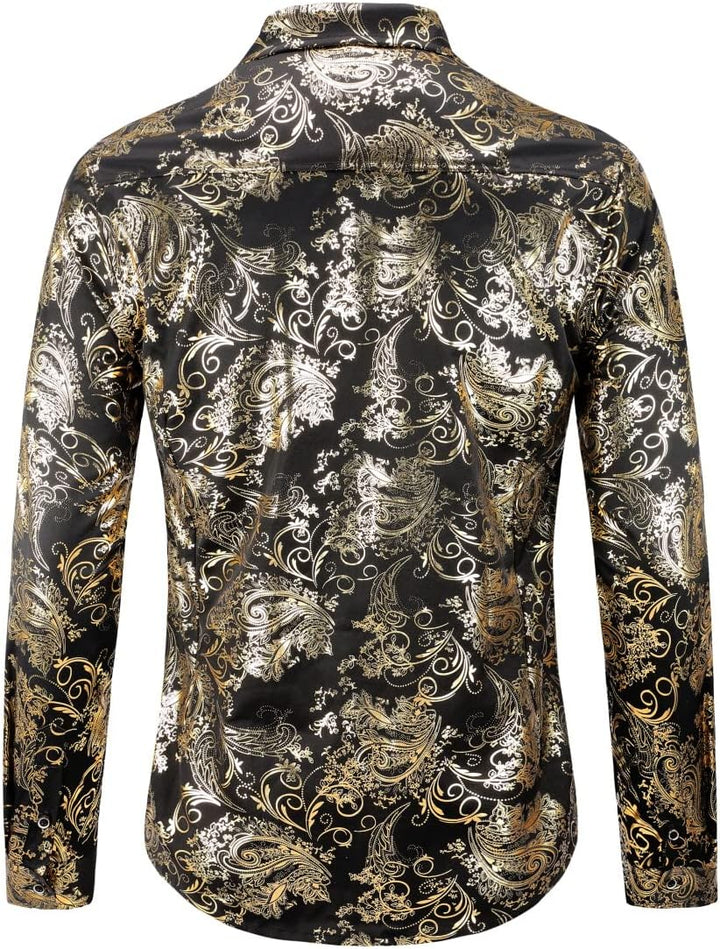 Allthemen Herren Jacquard Hemd Langarm Satin Freizeithemd Paisley Herrenhemd für Party Hochzeit XS G
