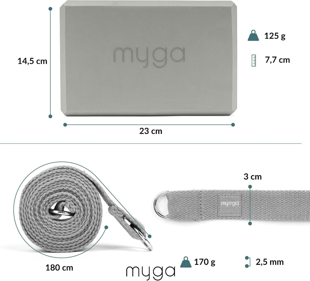 Myga Yoga Zubehör Set | 2 Rutschfeste Blöcke & Verstellbarer Gurt (Grau) | Perfekt für Anfänger & Fo
