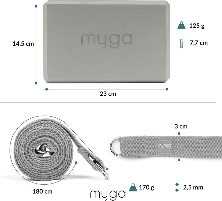 Myga Yoga Zubehör Set | 2 Rutschfeste Blöcke & Verstellbarer Gurt (Grau) | Perfekt für Anfänger & Fo