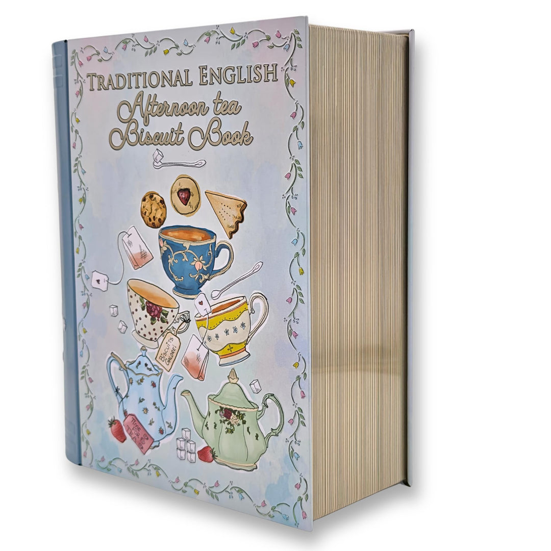 Grosse Buchdose Tea Book Aufbewahrungsdose, Keksdose, Blechdose, aufwändig geprägt und bedruckt. Kek