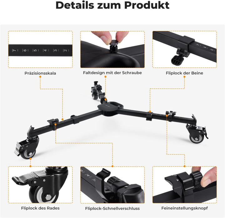 K&F CONCEPT Heavy Duty Tripod Dolly, Universal Fotografie Stativ Wagen für Stative Lichtstative,Hoch