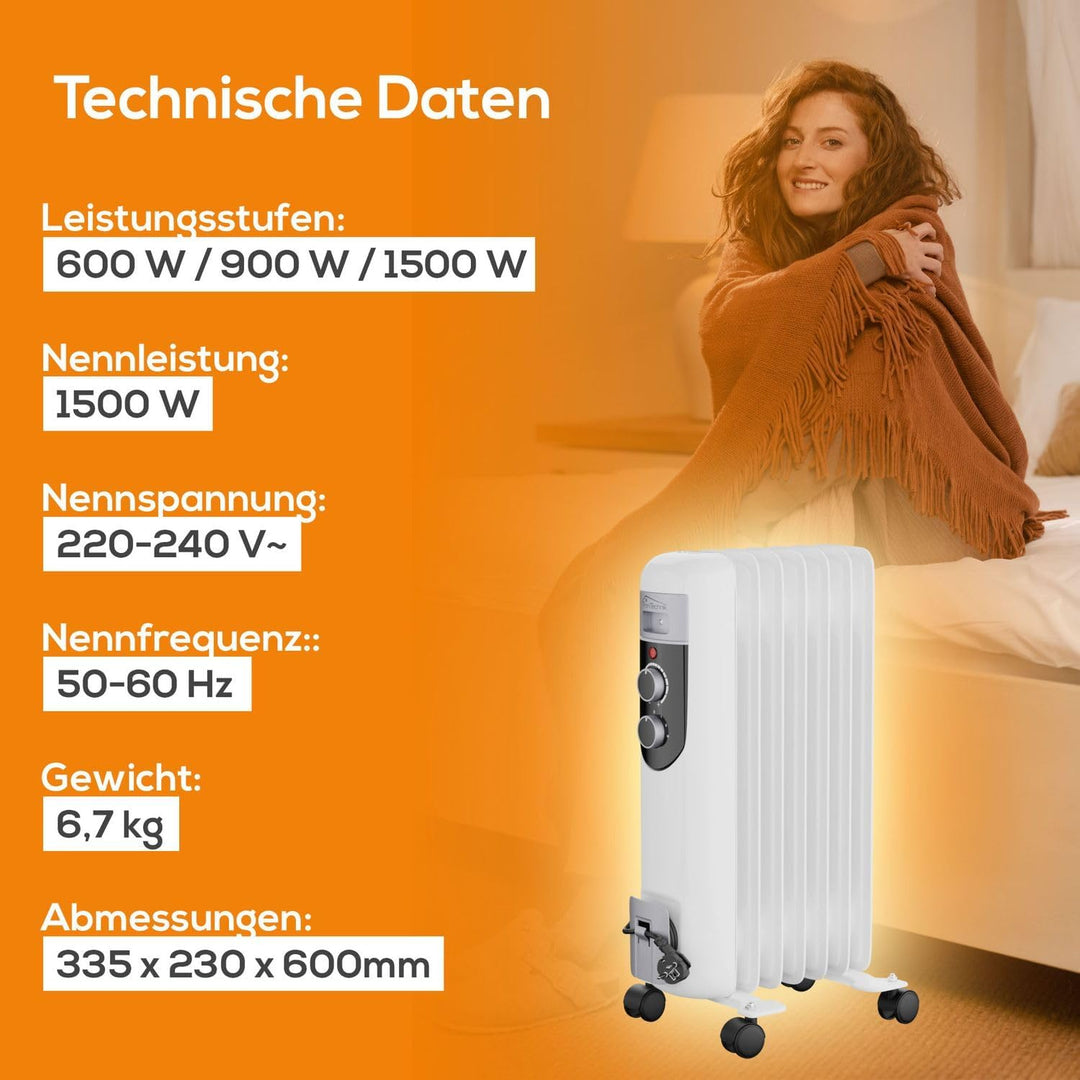 TroniTechnik® Ölradiator OR-107 7 Rippen 1500 W Thermostat weiss | 3 Heizstufen, Kippschutz, 4 Lenkr