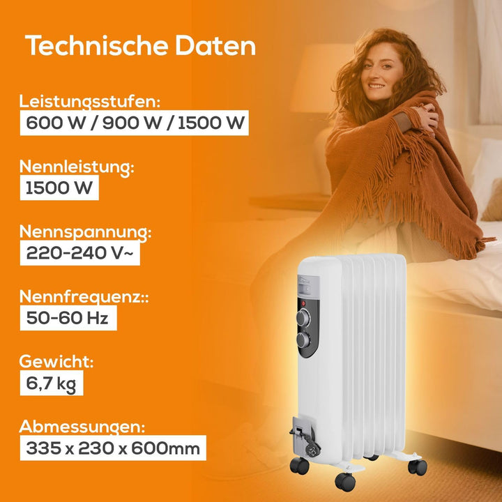 TroniTechnik® Ölradiator OR-107 7 Rippen 1500 W Thermostat weiss | 3 Heizstufen, Kippschutz, 4 Lenkr