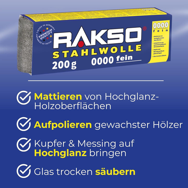 RAKSO Stahlwolle extrafein 0000-4,8 kg, 24 Banderolen à 200g, poliert gewachstes Holz, Kupfer, Messi