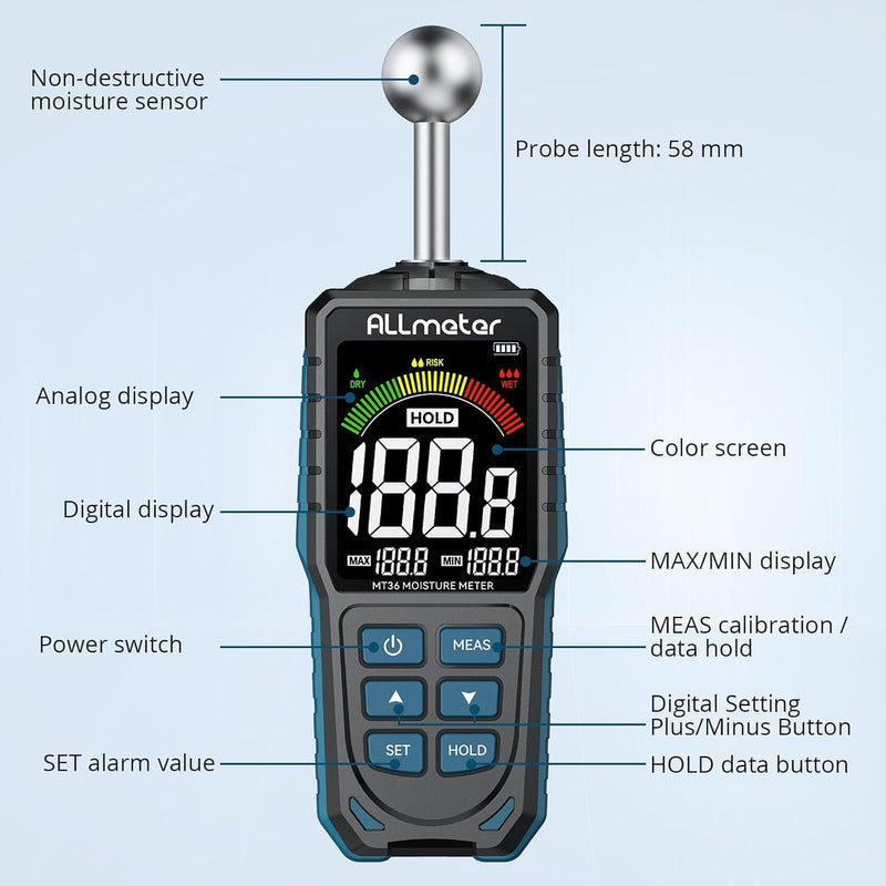 ALLmeter Wiederaufladbar Feuchtigkeitsmessgerät Feuchtigkeitsmesser 5-40 mm Analysetiefe mit Stoffbe