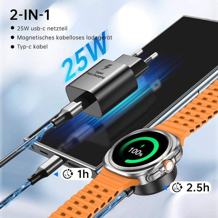 2-in-1 Ladegerät für Samsung Watch,25 W USB-C-Schnellladegerät,Kompatibel mit Galaxy Watch 8/7/Ultra