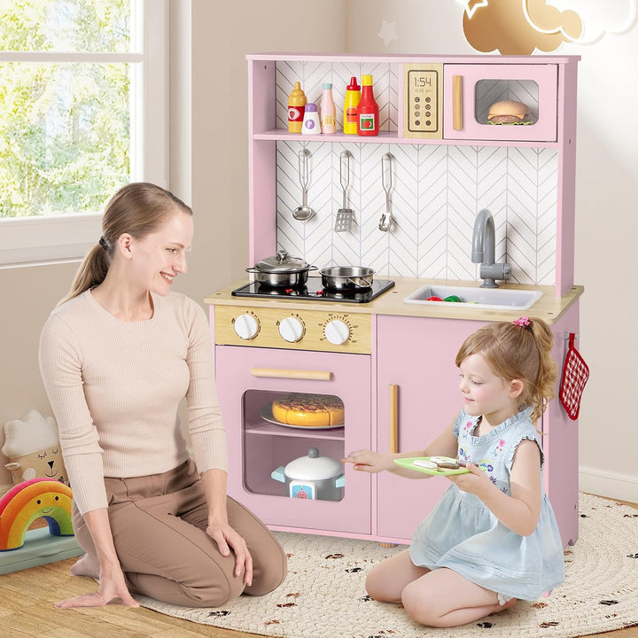 COSTWAY Kinderküche mit Zubehör, Spielküche Holz mit Mikrowelle Herd Spüle Ofen, Kinder Küche mit Li