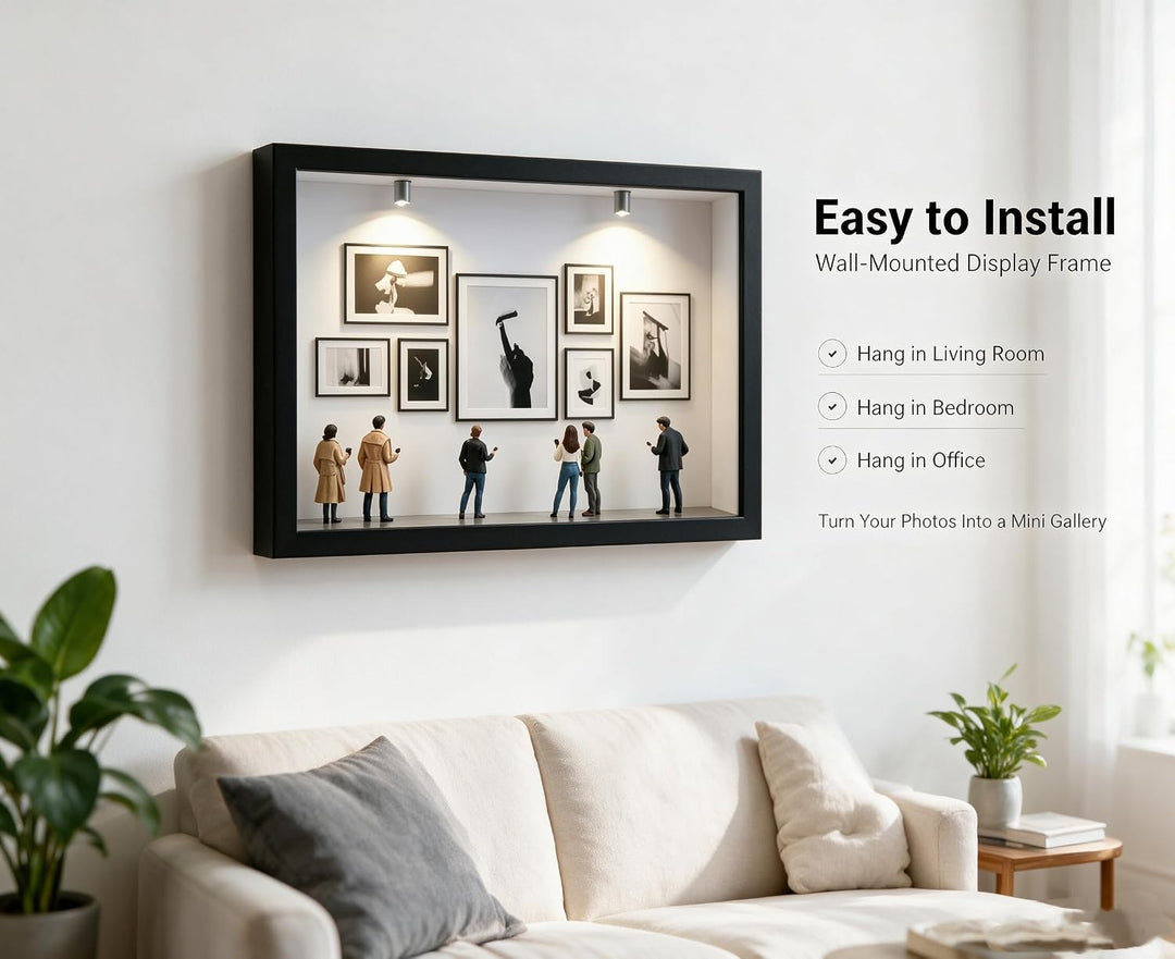 DIY Mini Museum Bilderrahmen Set, Schwarzer Rahmen 22,7x31 | 7 Mini-Fotorahmen, 8 Miniatur-Figuren 2