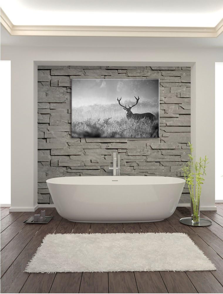 Pixxprint Rotwild Hirsch im Nebel Kunst B&W als Leinwandbild/Grösse: 100x70 cm/Wandbild/Kunstdruck/f