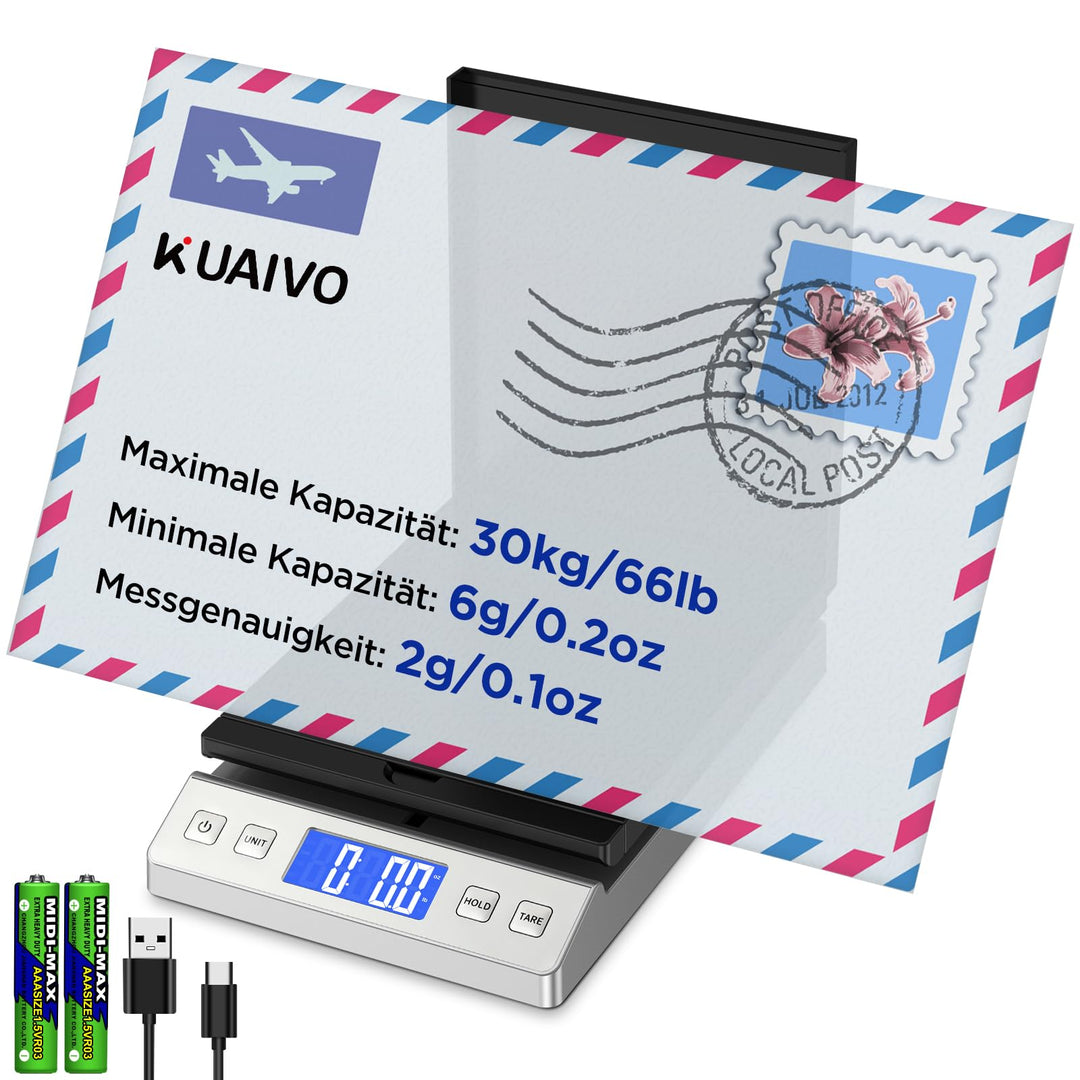 Briefwaage, 30kg/2g Digitale Paketwaage mit Halte & Tara Funktion, Hohe Präzision Faltbare Plattform