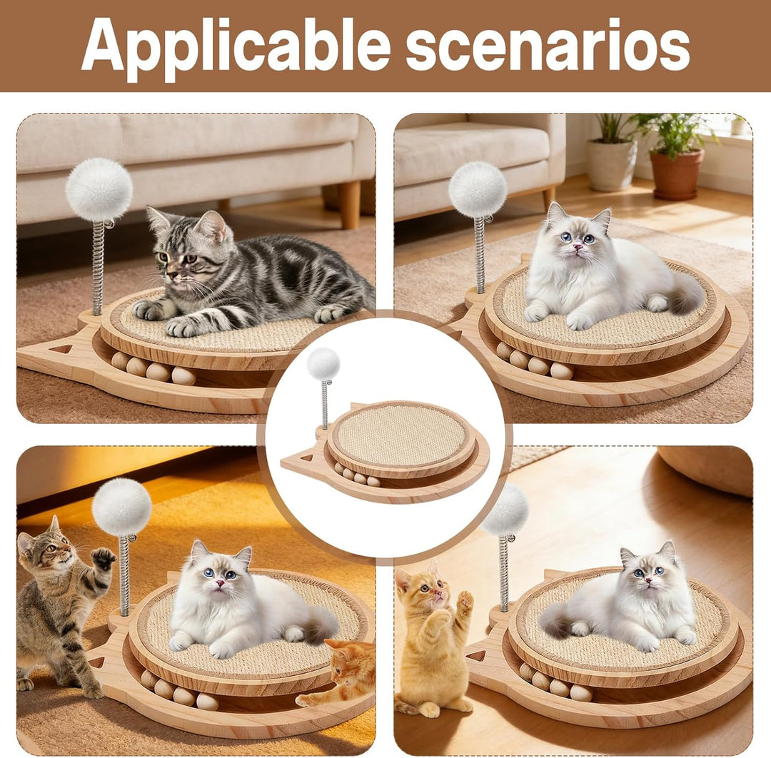 3-IN-1 Kratzbrett Katze Holz, Katzenkratzbrett mit Natürlicher Sisalmatt kratzmöbel Katze mit kugelb