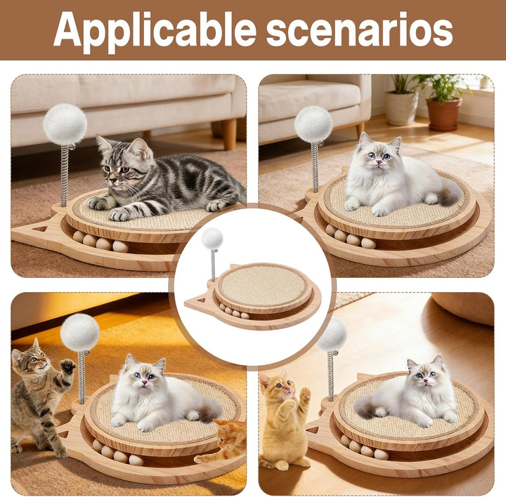 3-IN-1 Kratzbrett Katze Holz, Katzenkratzbrett mit Natürlicher Sisalmatt kratzmöbel Katze mit kugelb