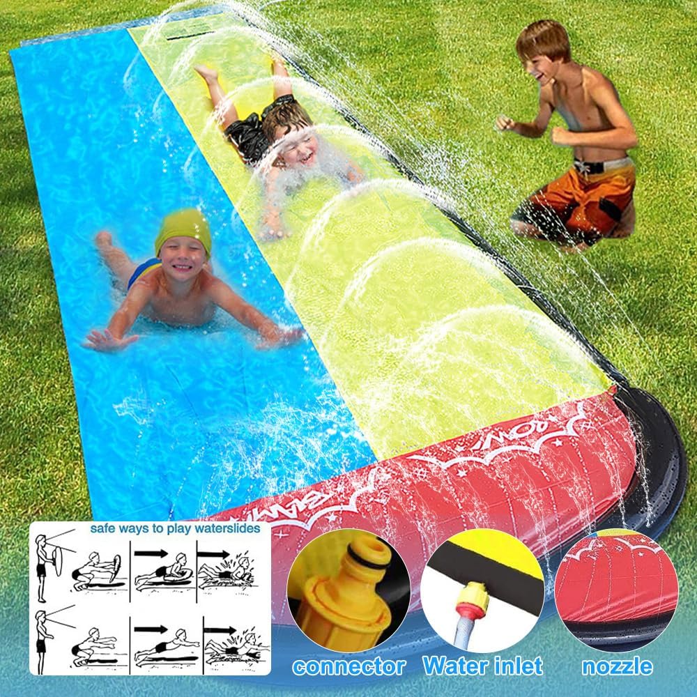 Wasserrutsche Garten, 6.1x1.4M Doppel Wasser Rutsche, Wasserspielzeug Wasserrutschmatte mit 2 Bodybo