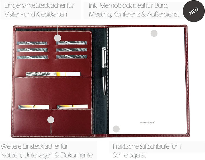 DELMON VARONE - Personalisierbare Schreibmappe DIN A4 aus Cambridge Top Grain Leder rot, Organizer K