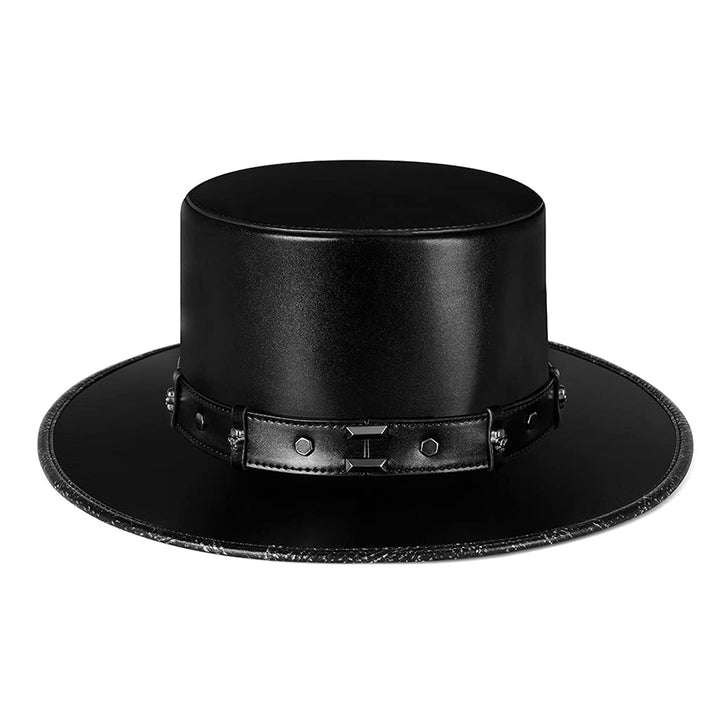 MYBOON Pest-Doktor-Hut PU-Leder-Schwarzer Flacher Zylinder für Halloween-Cosplay
