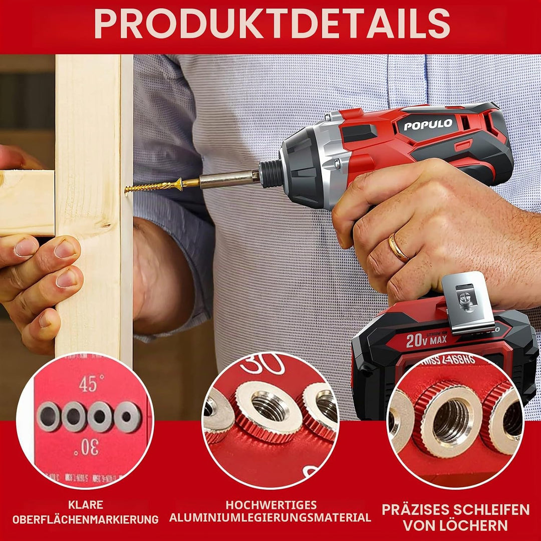 Holzdübel-Bohrschablone für Möbelbau, 3-in-1 Bohrständer zum senkrechten Bohren, Bohrlehre mit 30°/4