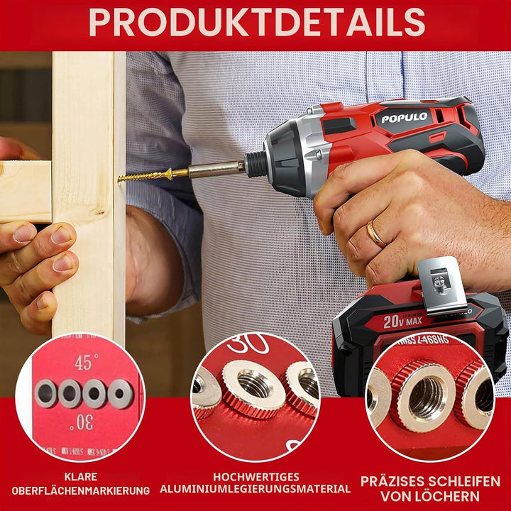 Holzdübel-Bohrschablone für Möbelbau, 3-in-1 Bohrständer zum senkrechten Bohren, Bohrlehre mit 30°/4