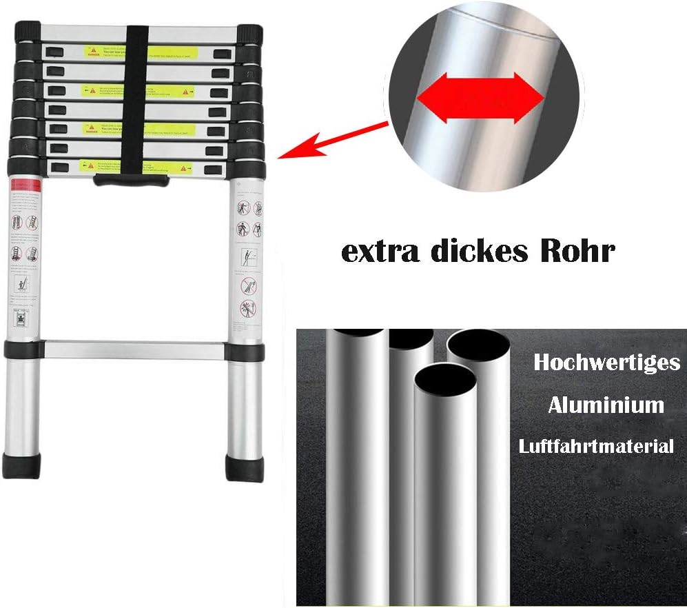 Teleskopleiter 2,6M mit Einzelne Segmente, zertifizierte Alu Verlängerungsleiter, 72cm bis 260cm anl