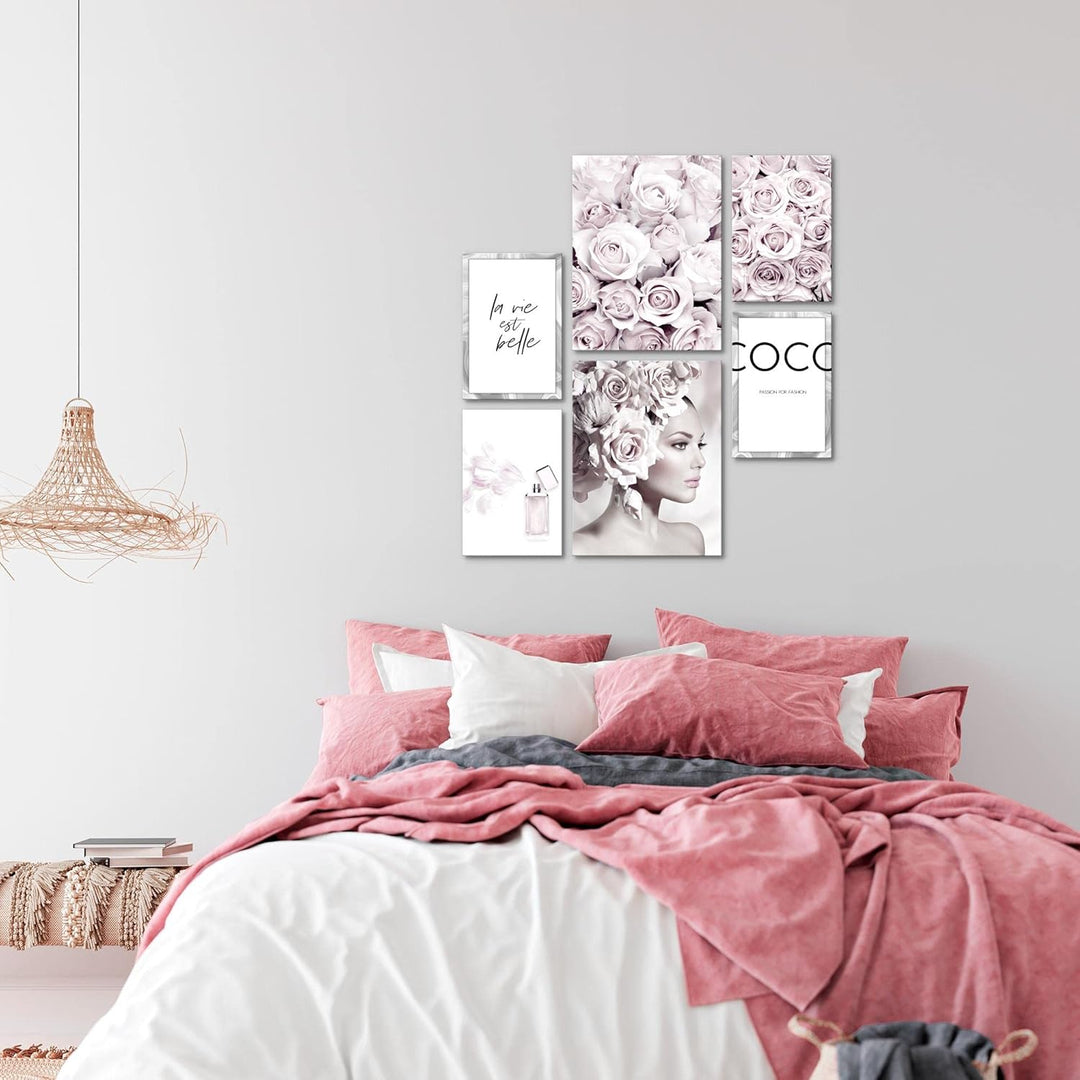 Novart Wandbilder Set Coco Fashion Grau Rosa - KEIN EXTRA RAHMEN BENÖTIGT - Modern Deko - Wohnzimmer