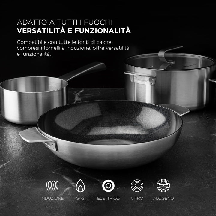 MasterPRO SIGMA - Wok ohne Deckel 28 cm 3.4L Edelstahl - Swiss Crystals Keramikbeschichtung - Langer