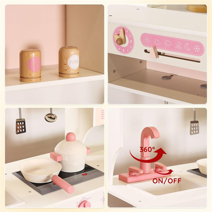 SainSmart Jr. Kinderküche Holz Spielküche für Kinder, Rosa – mit Licht & Sound, Eiswürfelspender, Mi