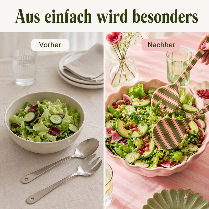 RICE Salatbesteck Melamin 2-teilig, 29 cm, grün rosa Streifen | Salatlöffel &amp; Salatgabel, BPA-frei,