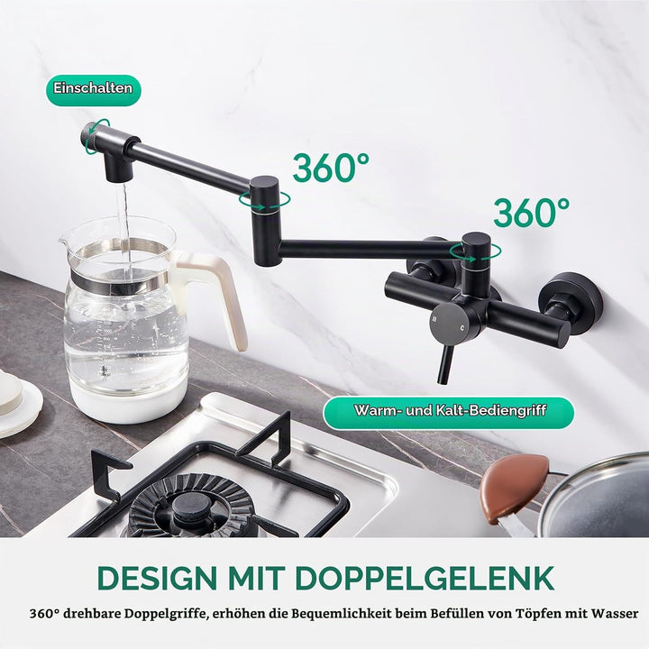 CREA Faltbare Wandarmatur für Küche, 360° Schwenkbar mit Zwei Griffen, Mischbatterie Spültischarmatu