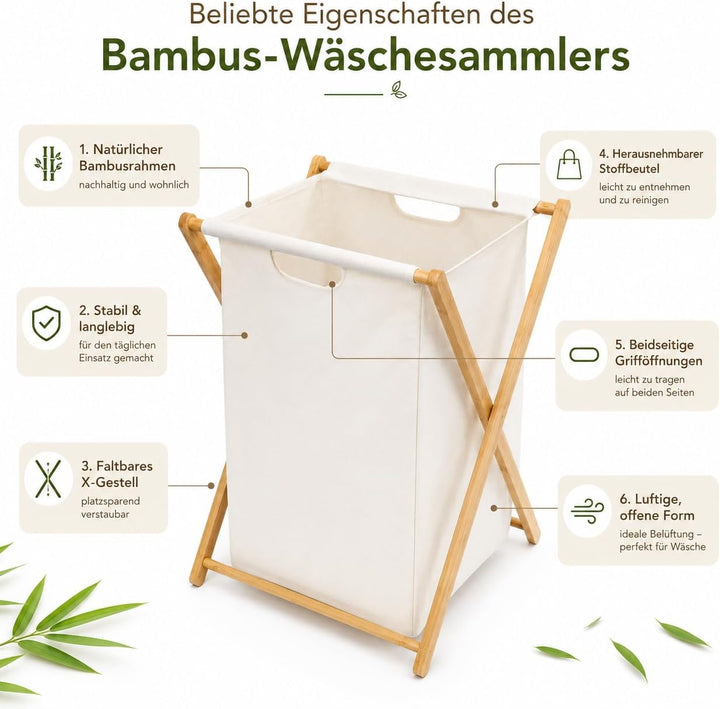 Zedelmaier 2er Faltbare Bambus-Wäschekörbe mit 66 Liter pro Stück Weiss 2er Bambus-Wäschekörbe, Weis