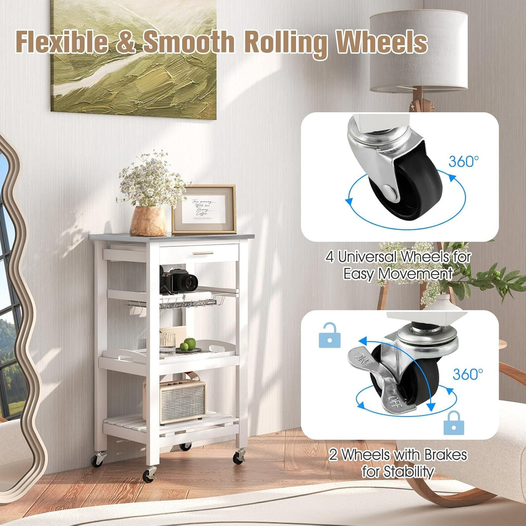 KOMFOTTEU Servierwagen mit Edelstahl Arbeitsplatte, Küchenwagen Klein, Rollwagen mit Schublade & Abl
