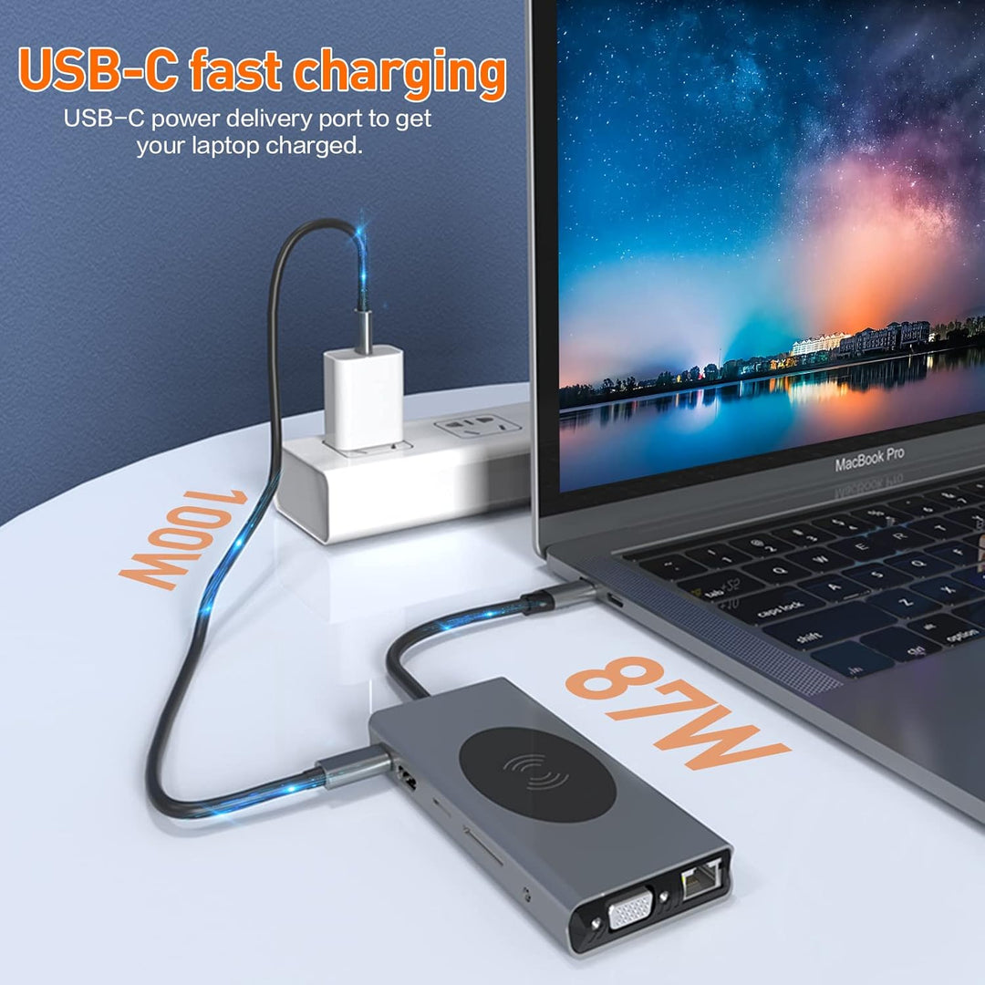 HUB Dongle mit kabellosem Laden, 13 in 1 Docking Station Adapter mit 4K-HDMI, VGA, 2×USB3.0, USB C 3