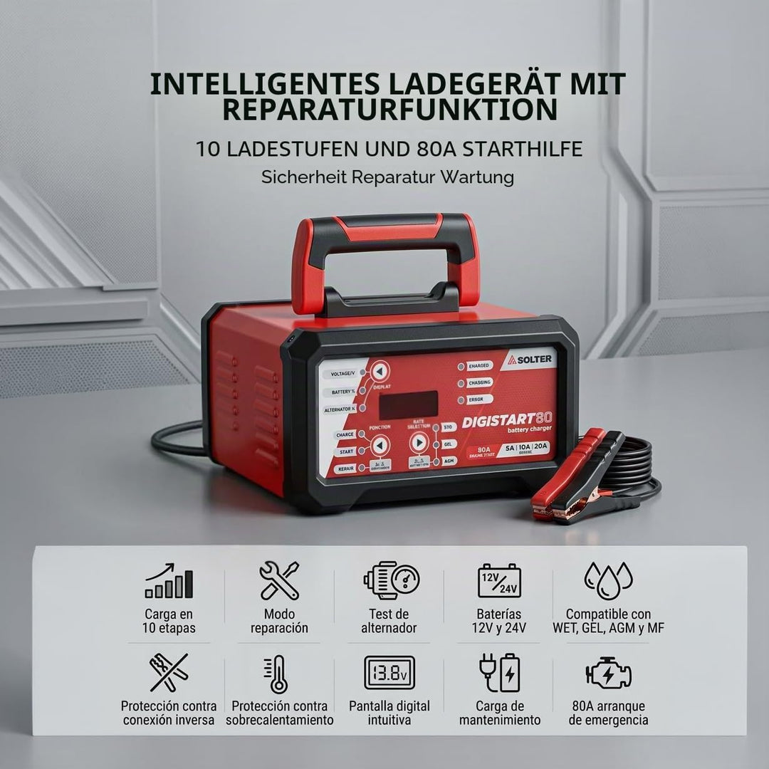 Solter Digistart 80 – Professionelles Ladegerät und Starthilfe, 12/24 V, 10 Stufen, 80 A, Reparaturm
