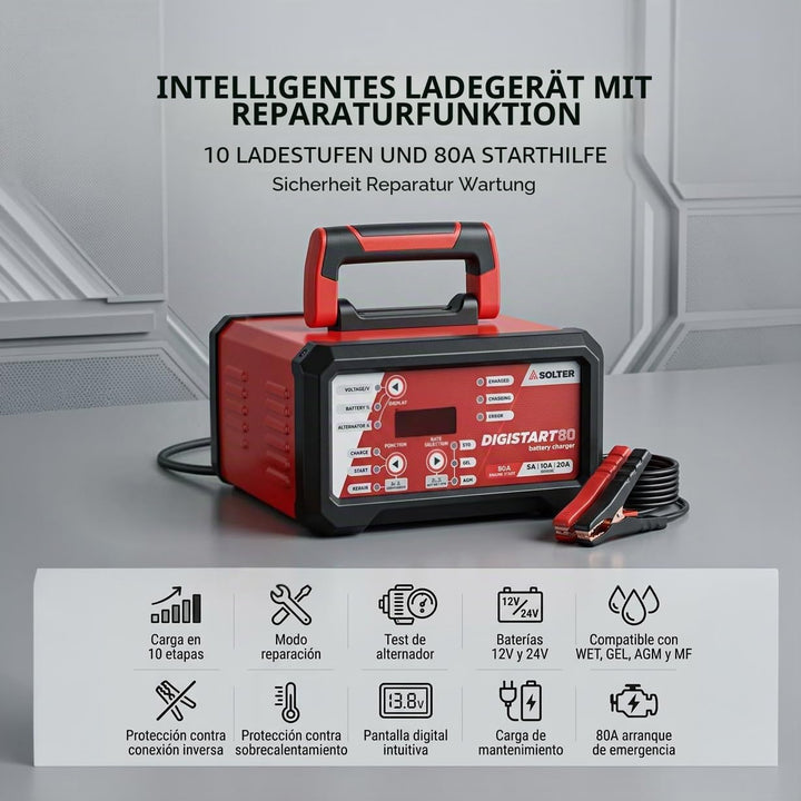 Solter Digistart 80 – Professionelles Ladegerät und Starthilfe, 12/24 V, 10 Stufen, 80 A, Reparaturm
