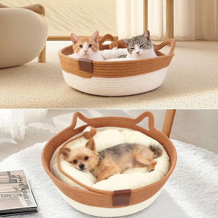Baumwollseil Katzenbett mit Kissen, 46x46x16 cm Gross Katzenbett, Katzenkörbchen Rund Waschbar mit B