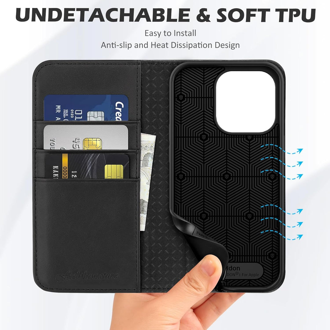 SHIELDON Hülle für iPhone 14 Pro 5G Handyhülle [Echtleder] [Kartenfach] [Magnet] [Standfunktion] [RF