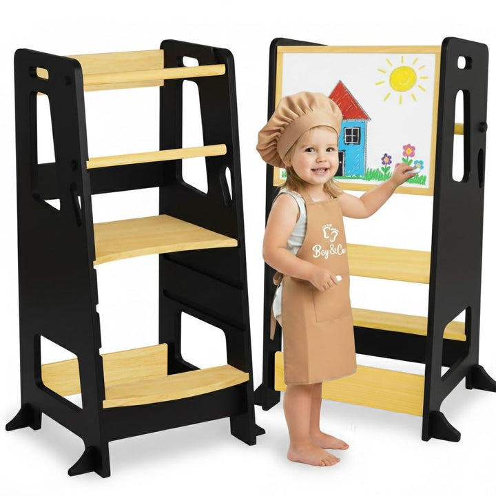 BEY &amp; CO® Lernturm/Entdeckerturm aus Holz – Küchenhelfer für Kinder – 3-Fach höhenverstellbar, mit R