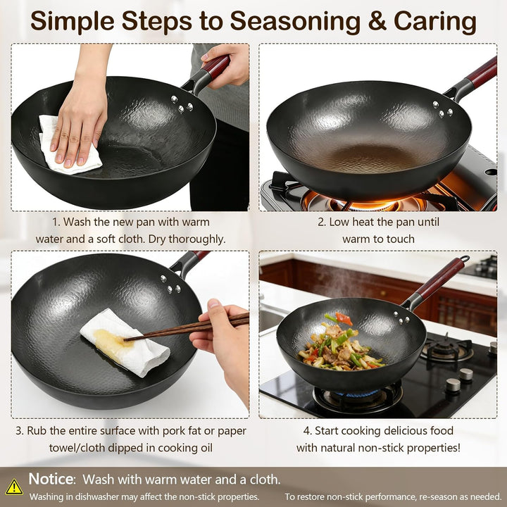 Wok mit Deckel 32 cm, Natürliche Gehämmerten Antihaft Wok aus Kohlenstoffstahl mit Akazienholz Griff