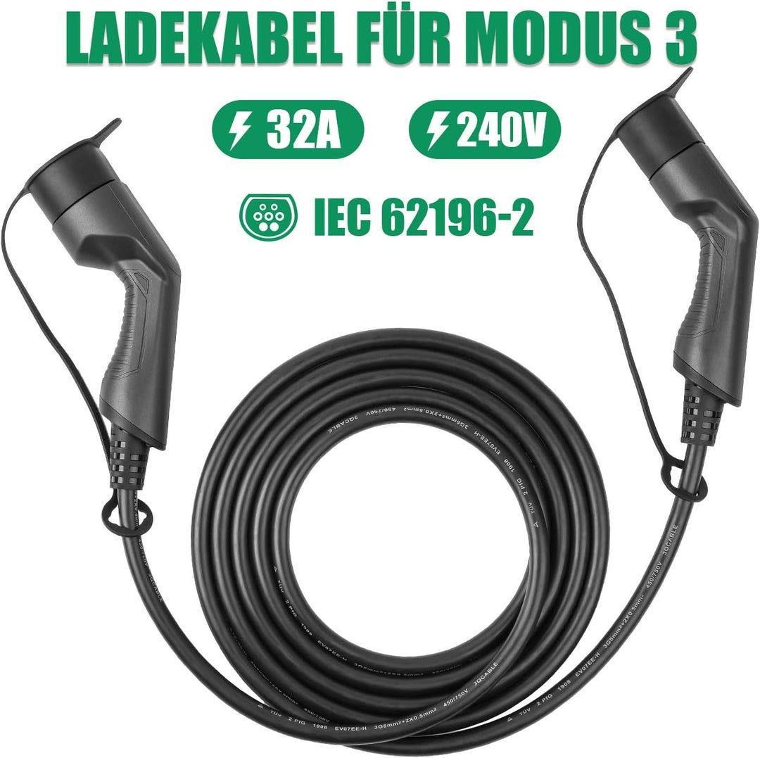 Elektroauto Ladekabel 32A 7,4kW, einphasig, Typ 2 auf Typ 2 (IEC 62196-2), 5m, kompatibel mit Allen
