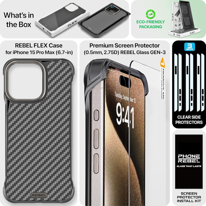 REBEL Schutzhülle für iPhone 15 Pro Max [Flex-Serie], freiliegende Seiten für Komfort, Aramidfaser,