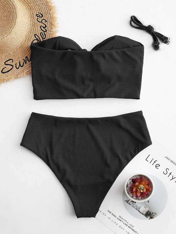 ZAFUL Women Keyhole Bandeau Tankini with Removable Straps, High Waisted Padded Bathing Suit Two Piec