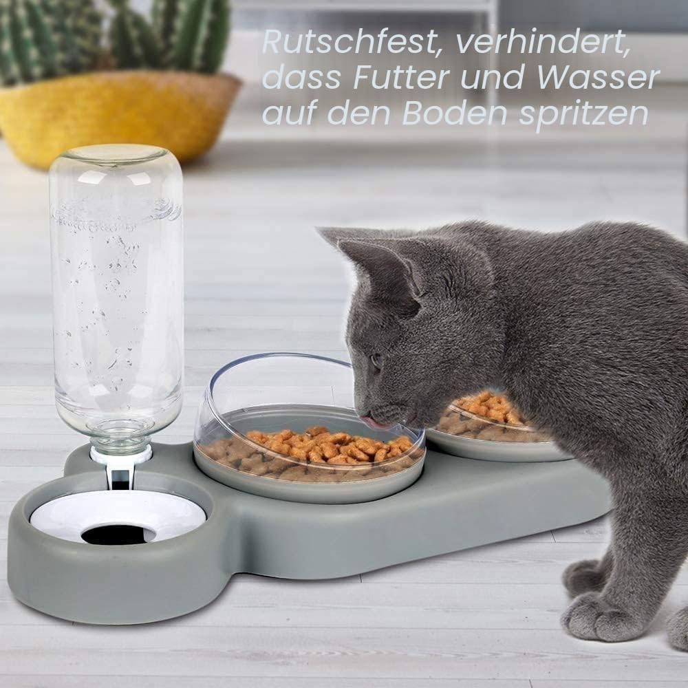 Katzennapf-Set 15° Neigbar Doppelter Futternapf für Nass- Trockenfutter, mit Automatischer Wasserfla