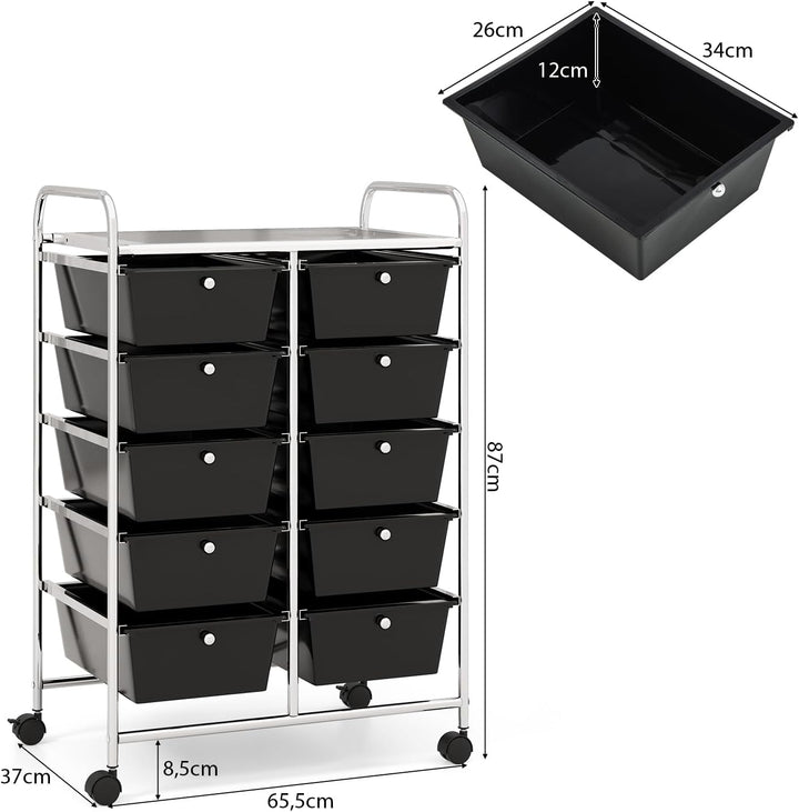 GOPLUS Rollwagen mit 10 Schubladen stapelbar, Rollcontainer mit Ablage & Metallgestell, Badregal, Au